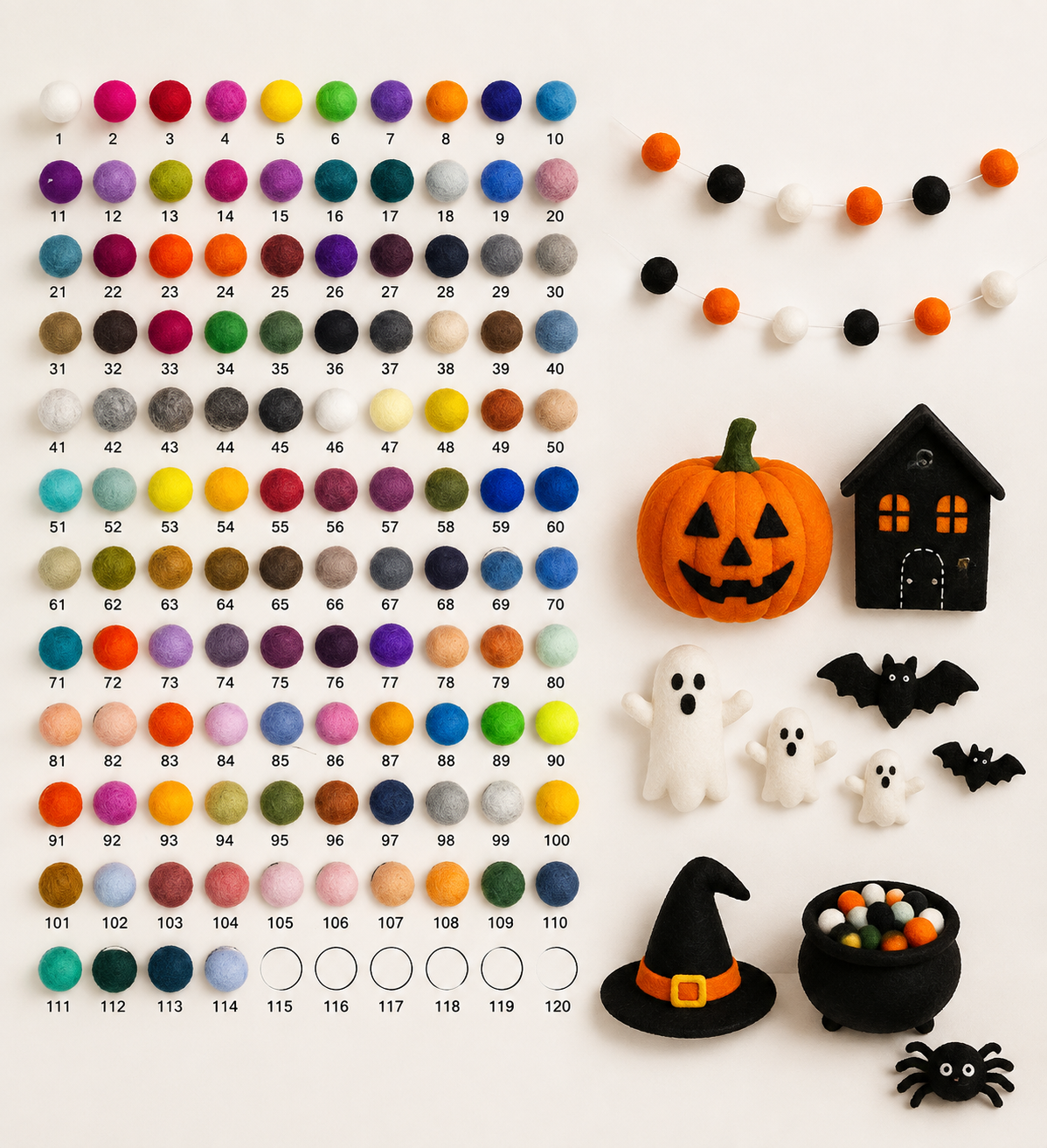 Custom Halloween felt color palettes showing wool felt options for boutique seasonal collections.